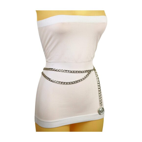 Women Silver Metal Chain Link Belt Hip High Waist Medallion Coin Charm M L XL main image 10